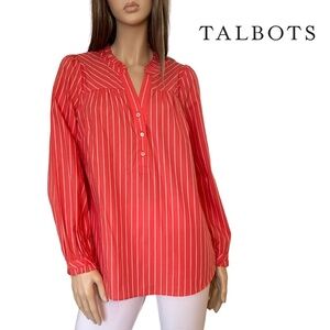 Talbots Blouse Top Long Sleeve Ruffled Neckline V-Neck 100% Cotton Button Front